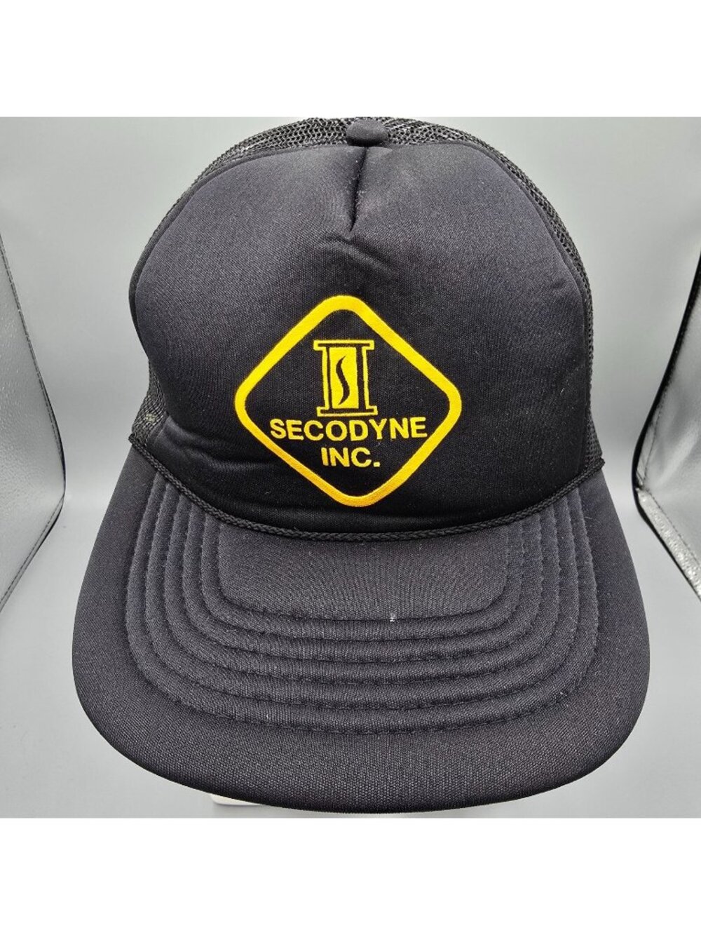 Vintage Secodyne Inc. Adjustable Snapback  Black & Yellow Mesh Trucker Cap